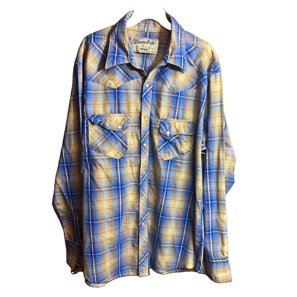 Wrangler Wrancher Men's L Plaid Blue/Tan Long Sleeve Button-Up Pockets